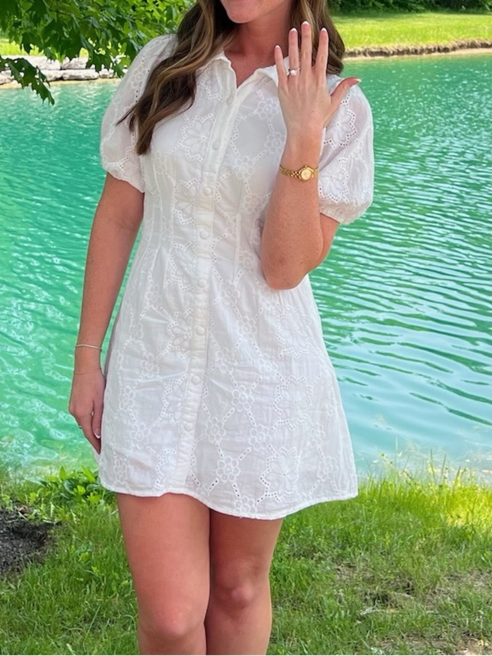 White Eyelet Puff-Sleeve Mini Dress